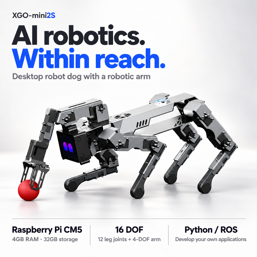 XGO-mini2S with LiDAR AI Robot Dog with Raspberry Pi CM5 & 4-DOF Robotic Arm